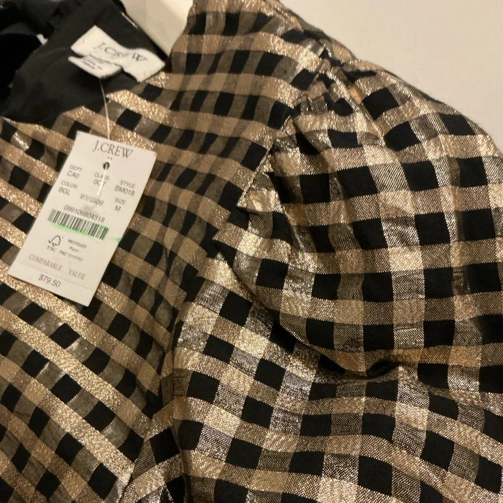 J. Crew Lurex Metallic Gold & Black Plaid Puff Sleeve Top, Size Medium, NWT - Picture 15 of 16